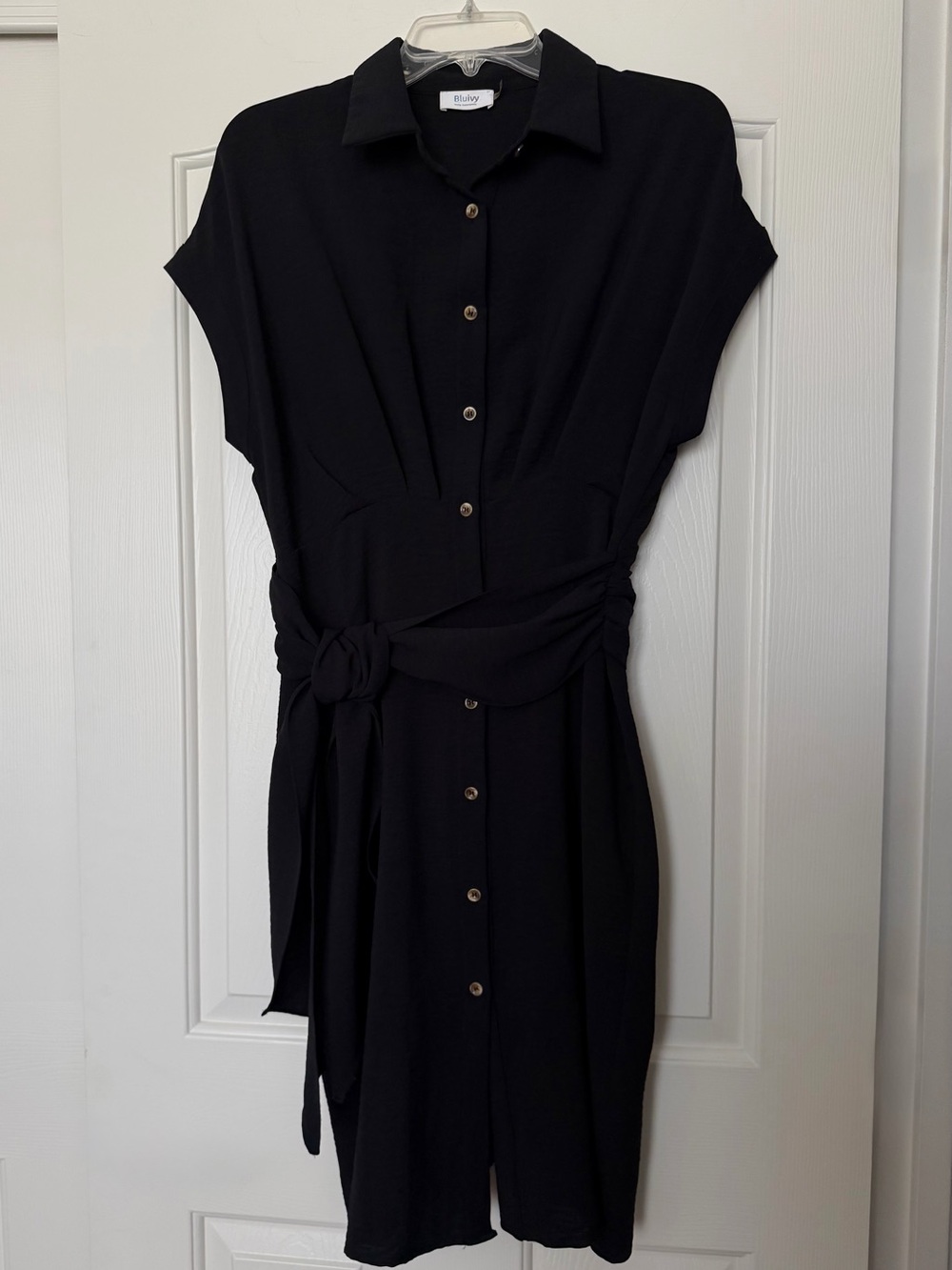 Bluivy Black Button-Front Midi Shirt Dress with Waist Knot